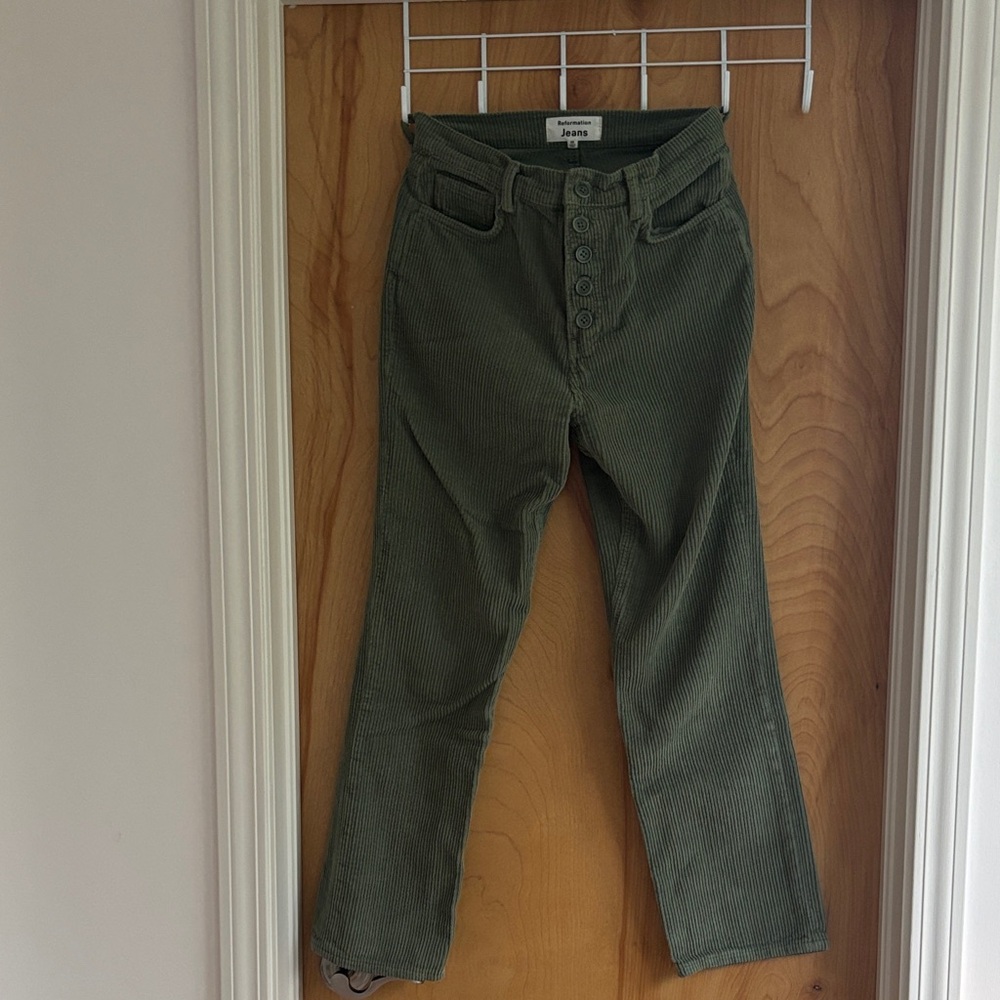Reformation Women's Straight Leg Corduroy Pants in Olive